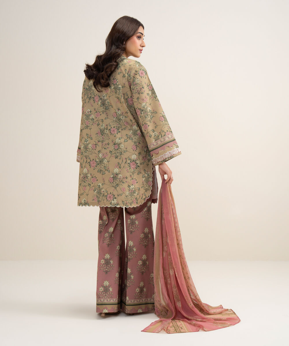 Women's Unstitched Lawn Embroidered Brown 3 Piece Suit