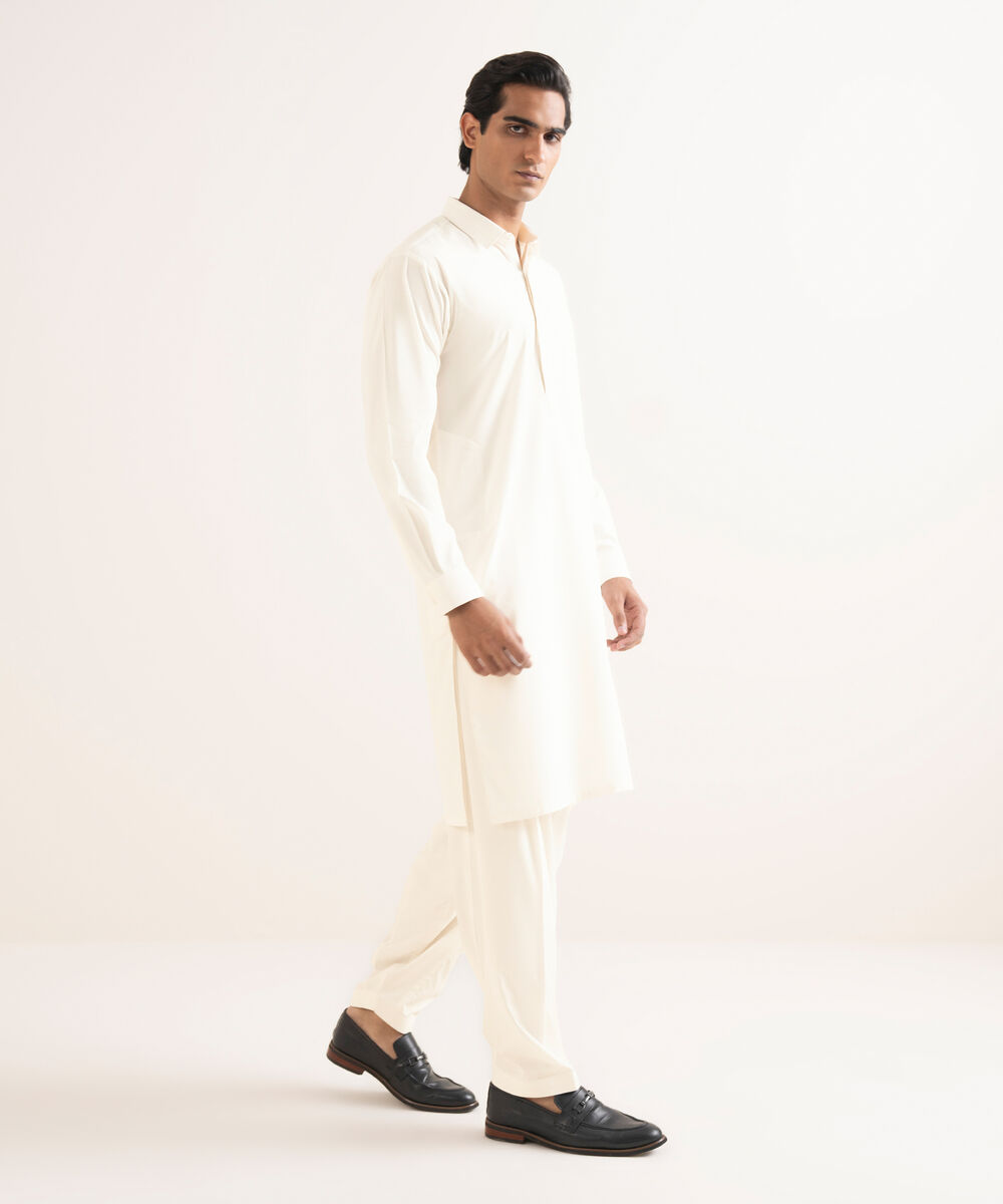 Men's Stitched Textured Wash & Wear Off White Suit