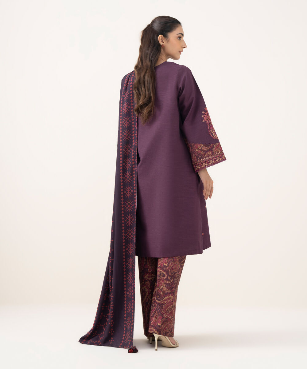 Women's Unstitched Embroidered Khaddar Plum 3 Piece Suit