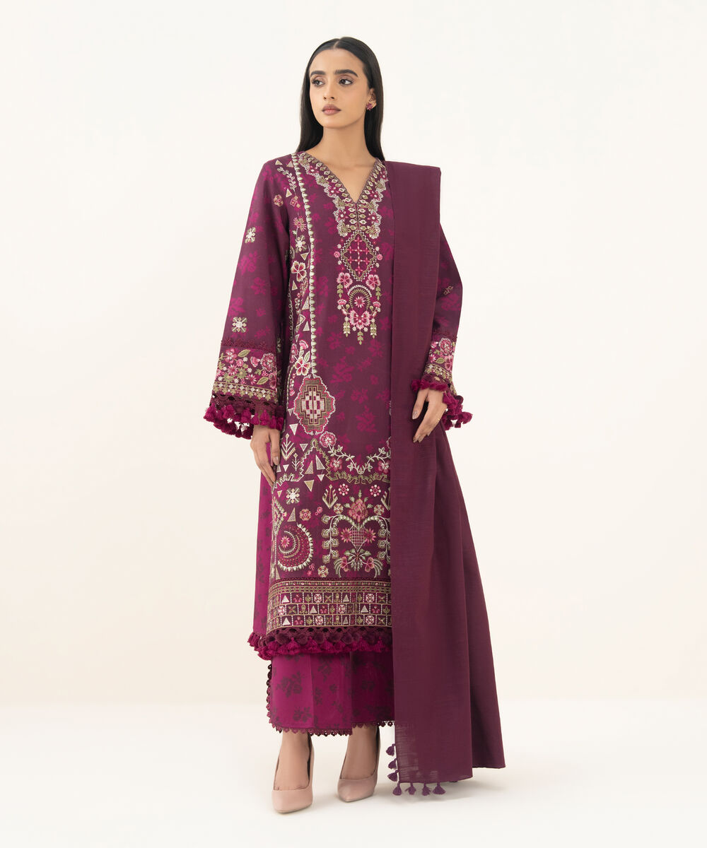 Women's Unstitched Embroidered Twill Plum 3 Piece Suit