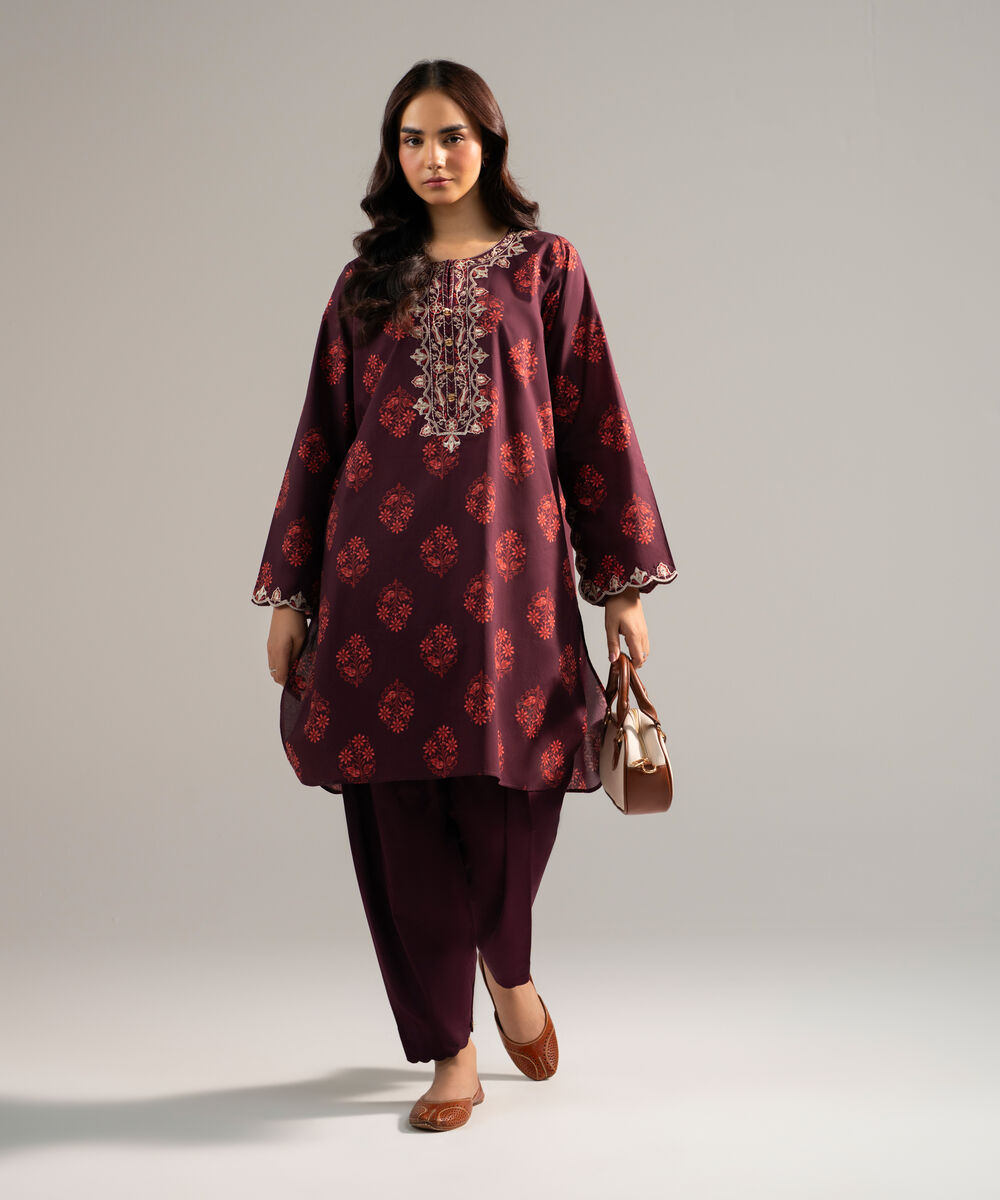 Women's RTW Lawn Embroidered Deep Brown Straight Shirt