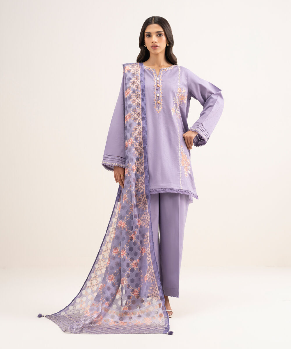 Women's RTW Self Jacquard Embroidered Purple Straight Shirt