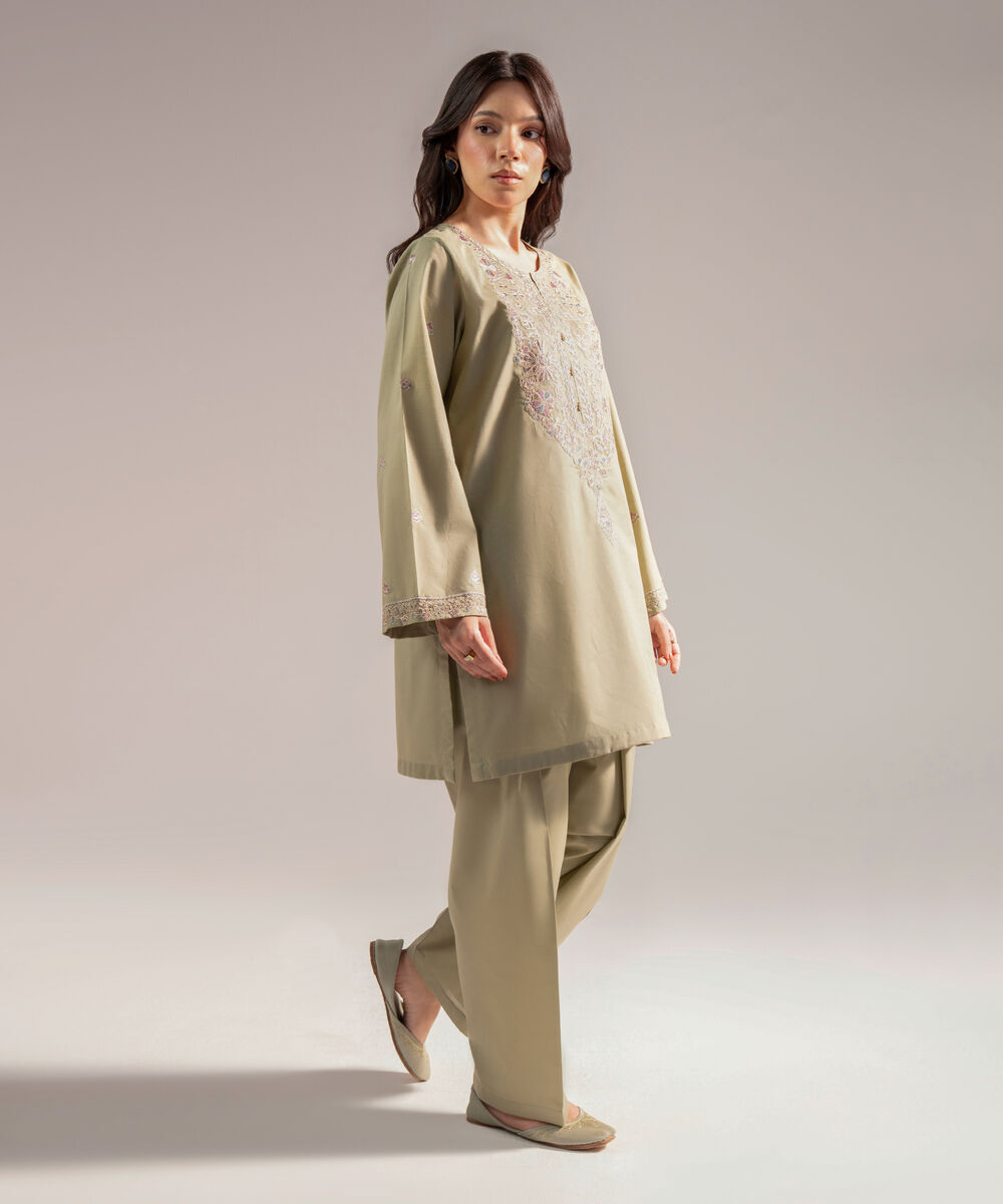 Women's RTW Slub Lawn Embroidered Straight Olive Green Shirt