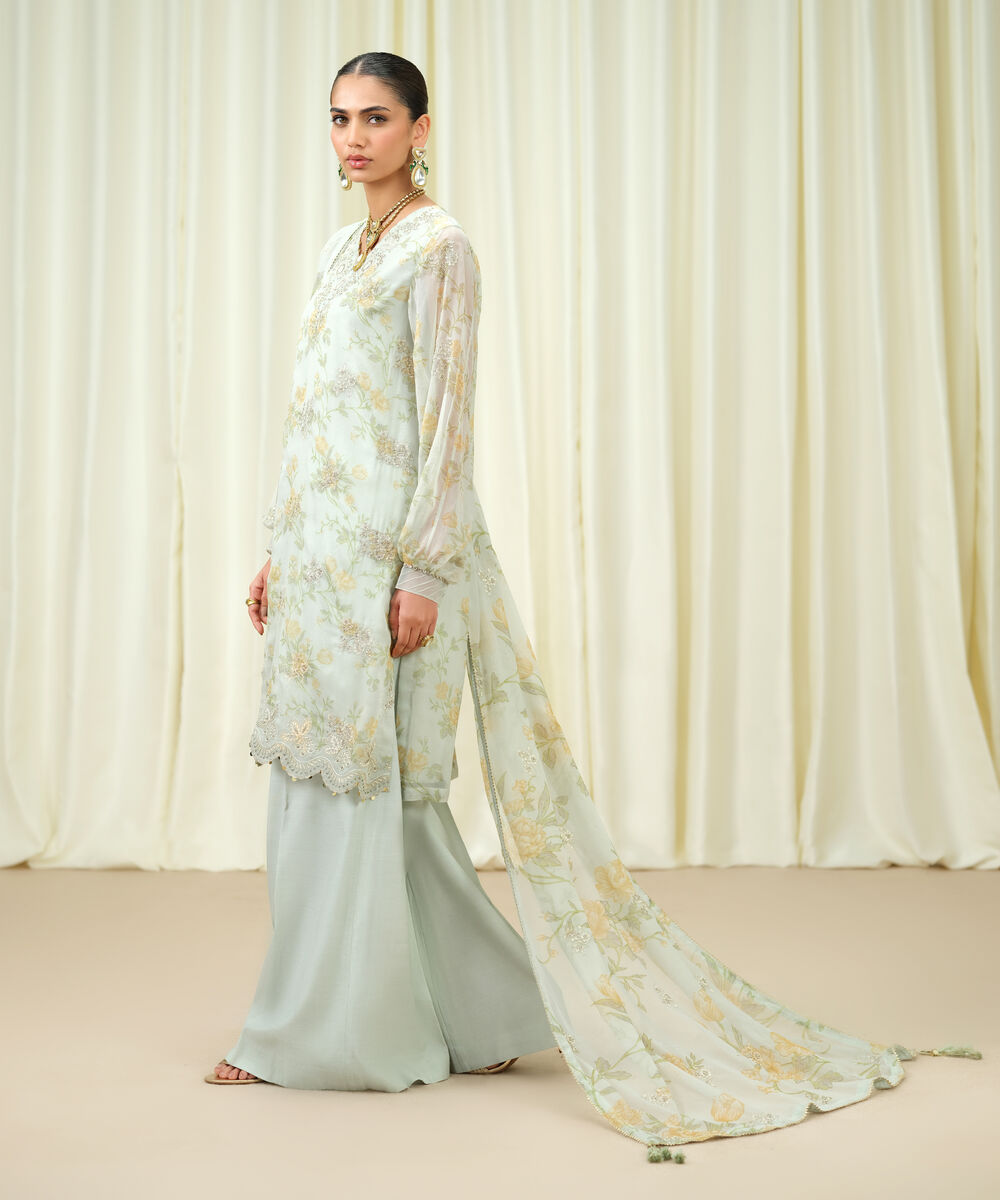 Women's Unstitched Blended Chiffon Embroidered Blue 3 Piece Suit