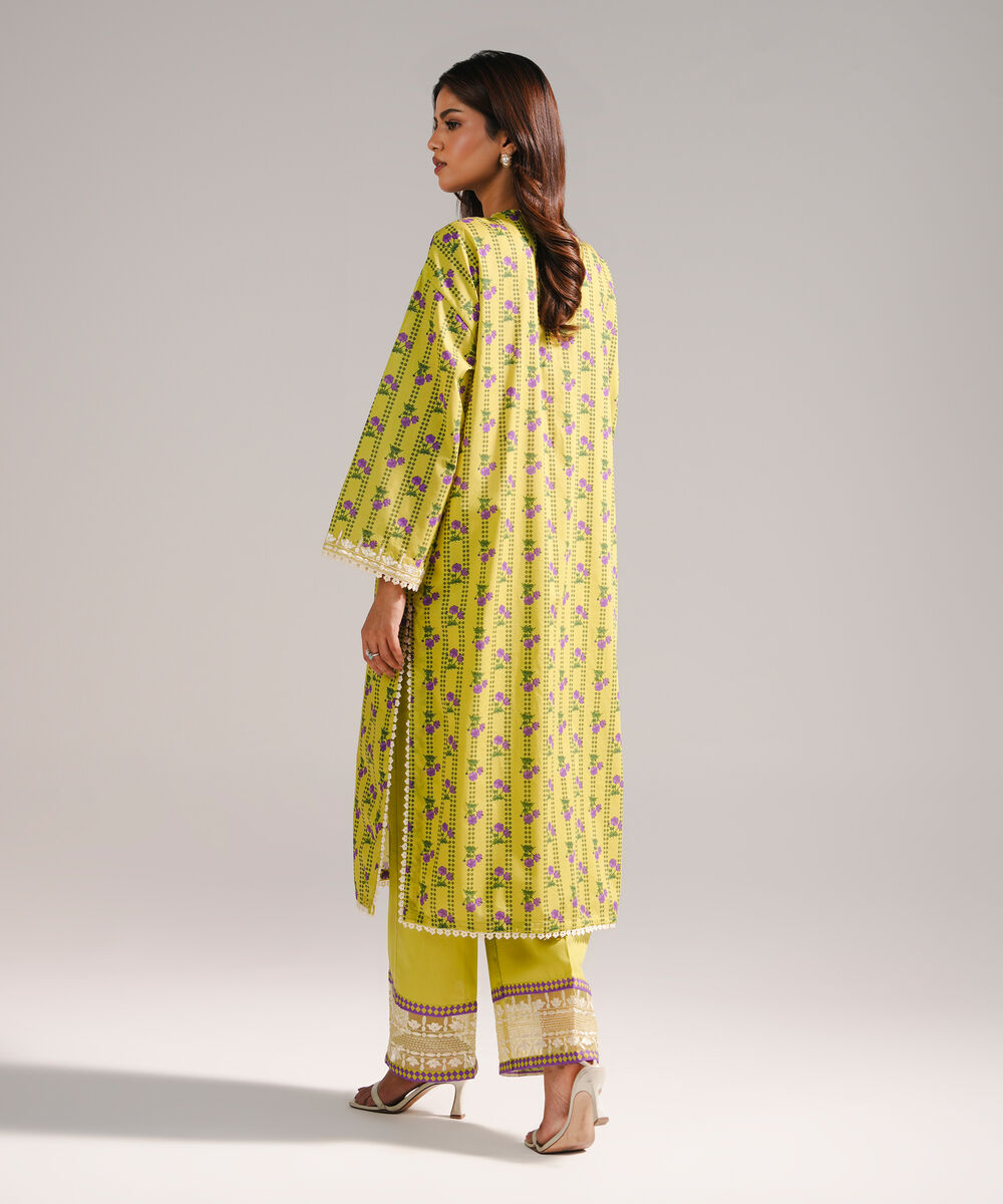 Women's RTW Slub Lawn Embroidered Green Straight Shirt