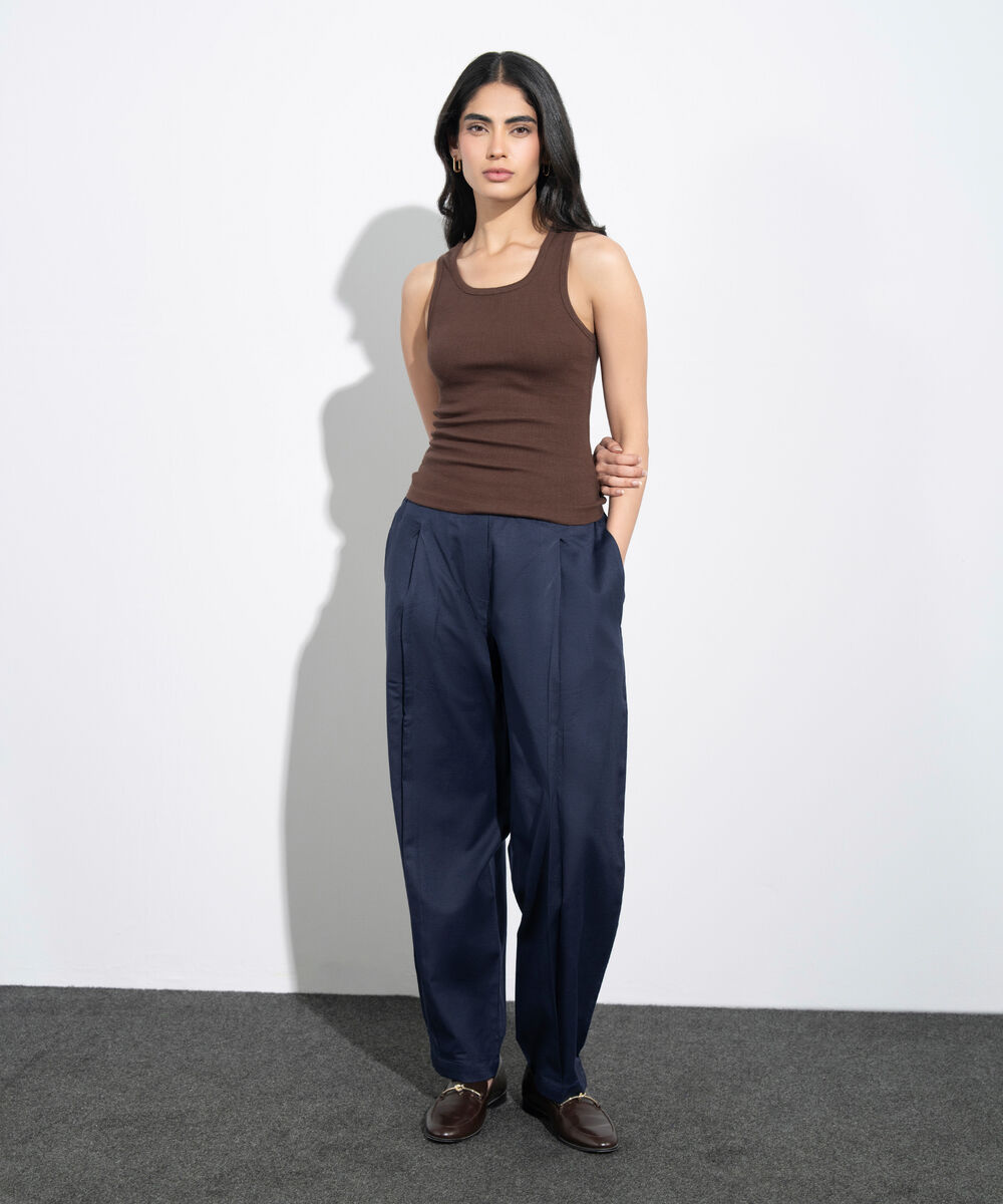 Women's Western Navy Pleated Barrel Linen Blend Trousers