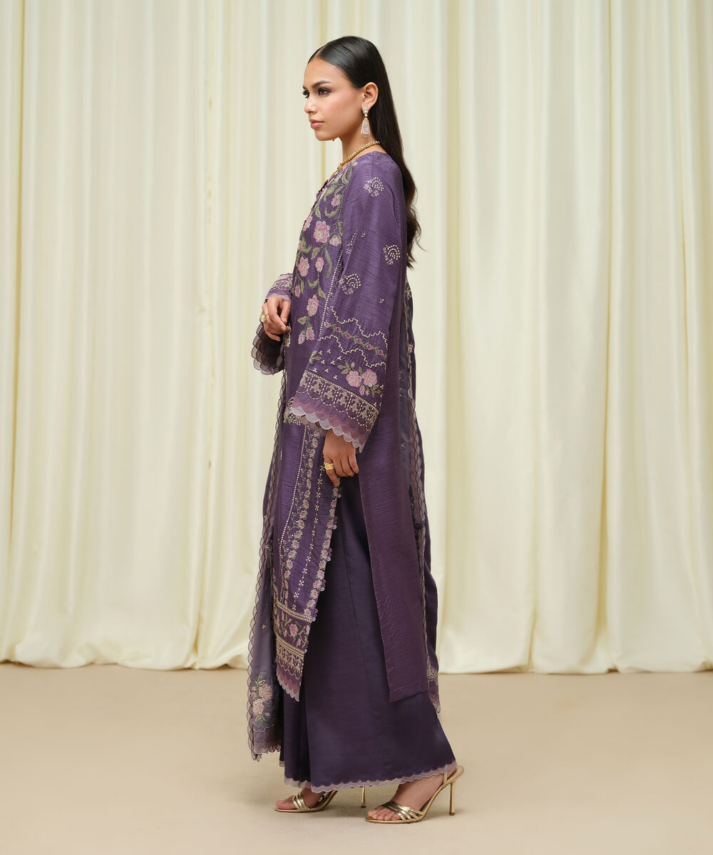 Women's Unstitched Raw Silk Embroidered Purple 3 Piece Suit