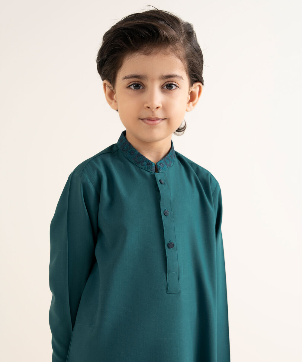 Men's Textured Wash & Wear Embroidered Blue Kurta Trouser