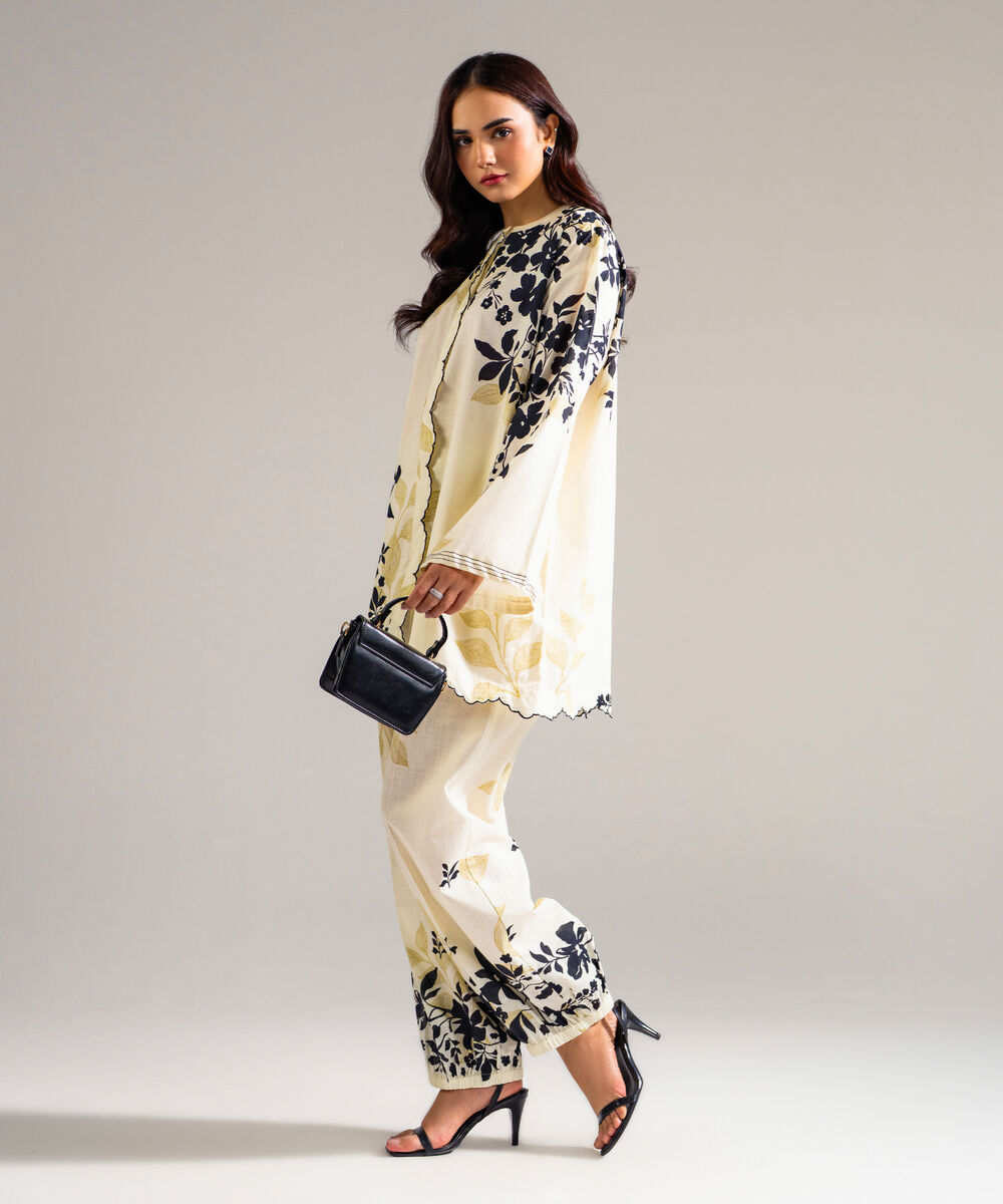 Women's RTW Slub Lawn Printed Off White Drop Shoulder Shirt