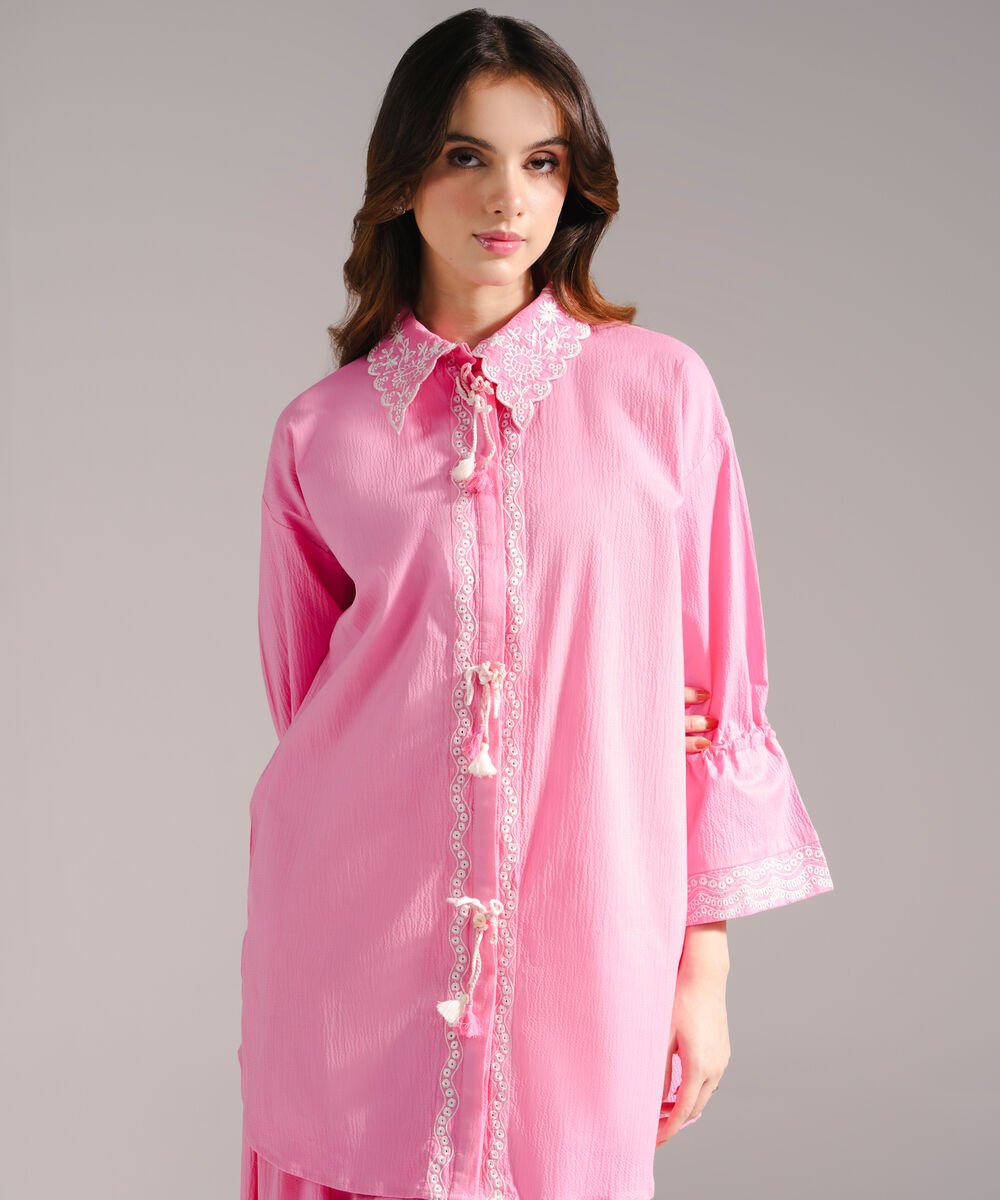 Women's RTW Seersucker Embroidered Straight Pink Shirt