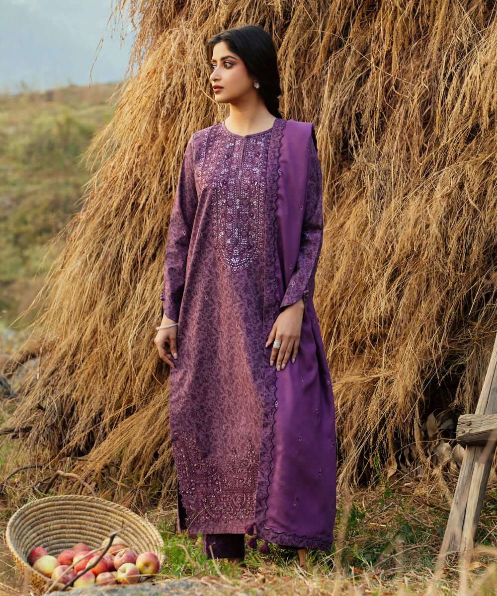Women's Unstitched Embroidered Khaddar Purple 3 Piece Suit