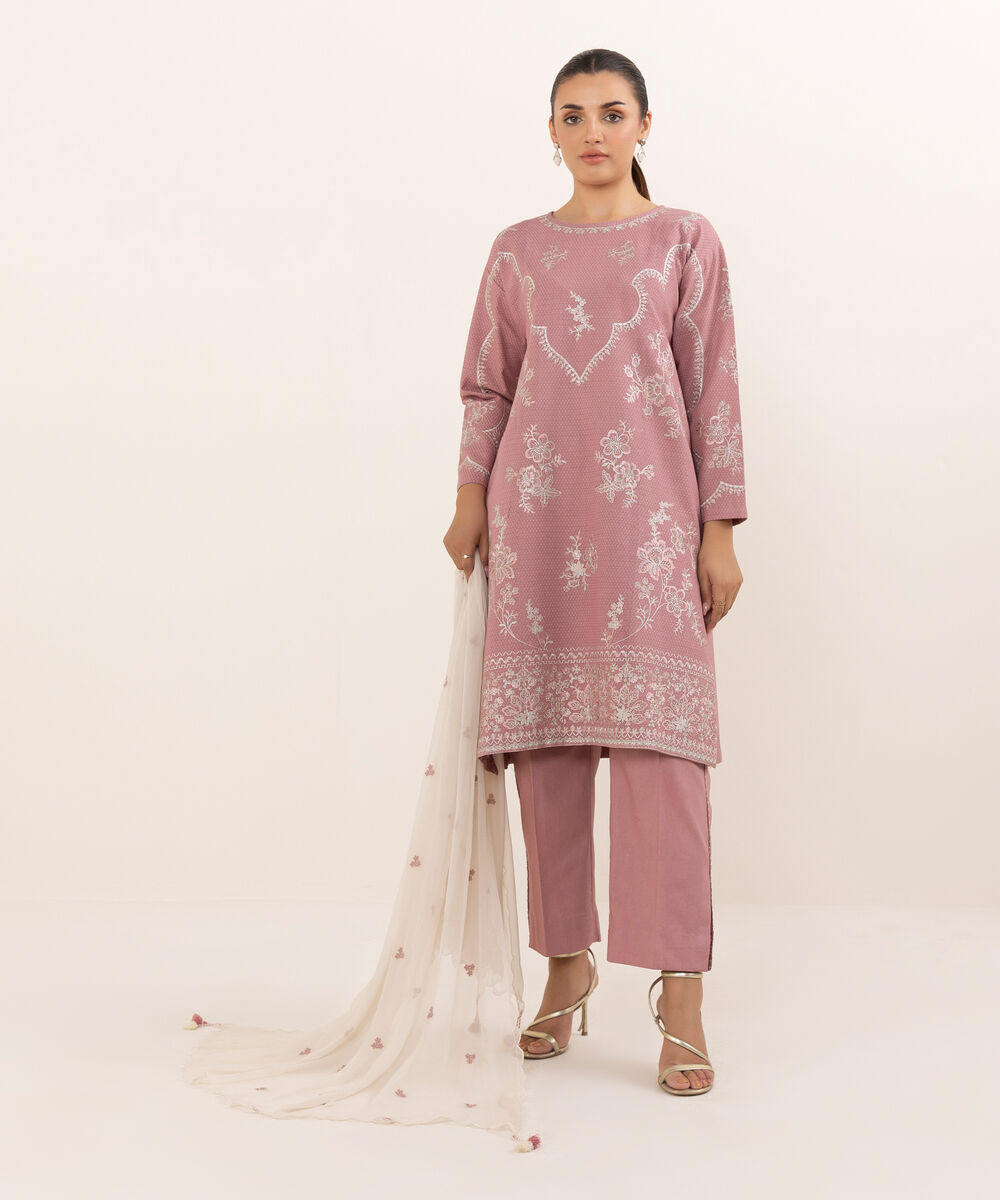 Women's Unstitched Dobby Embroidered Pink Three Piece Suit