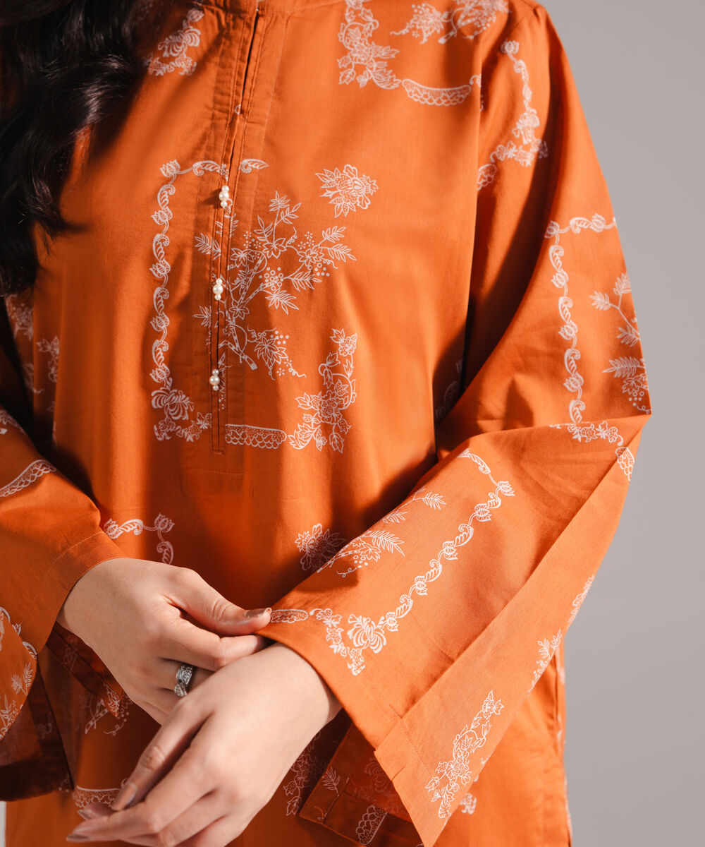 Women's RTW Lawn Printed Rust Straight Shirt