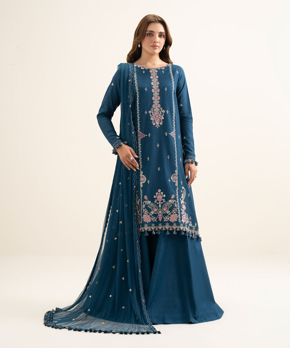 Women's Unstitched Viscose Raw Silk Embroidered Teal Blue 3 Piece Suit