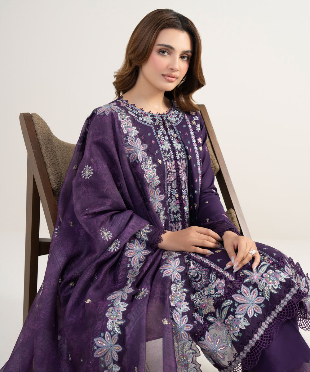 Women's Unstitched Fine Cotton Satin Embroidered Purple 3 Piece Suit