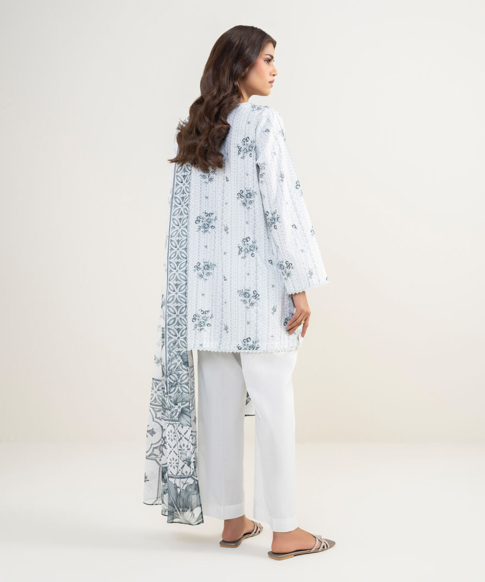 Women's RTW Cambric Printed White 3 Piece Suit