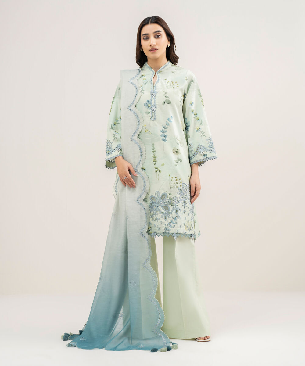 Women's Unstitched Lawn Embroidered Blue 3 Piece Suit