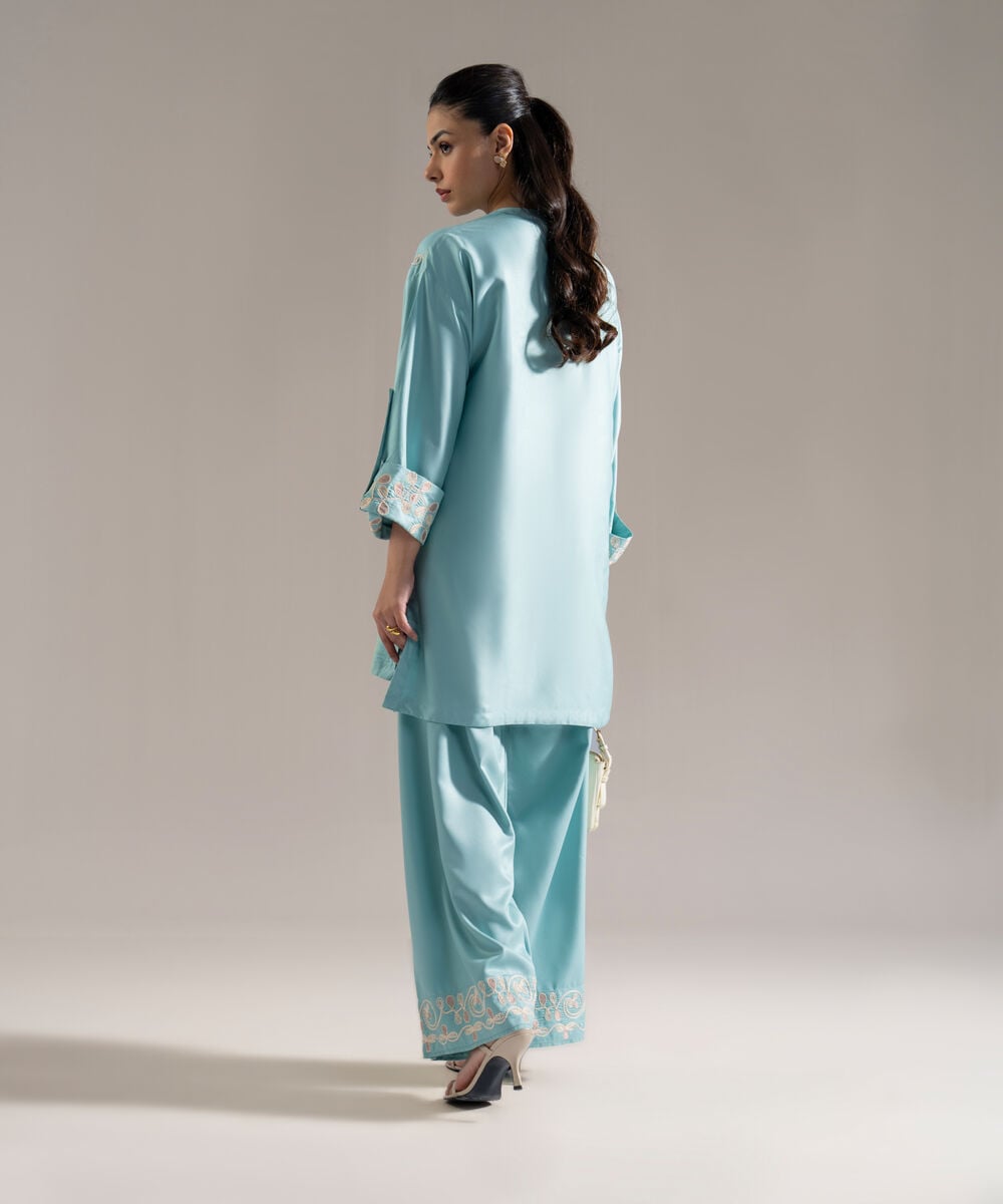 Women's RTW Viscose Marina Solid Embroidered Blue Drop Shoulder Shirt