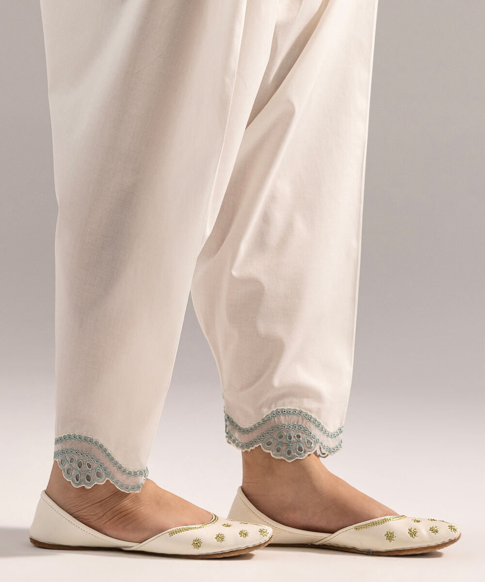 Women's RTW Cambric Embroidered White Skinny Shalwar