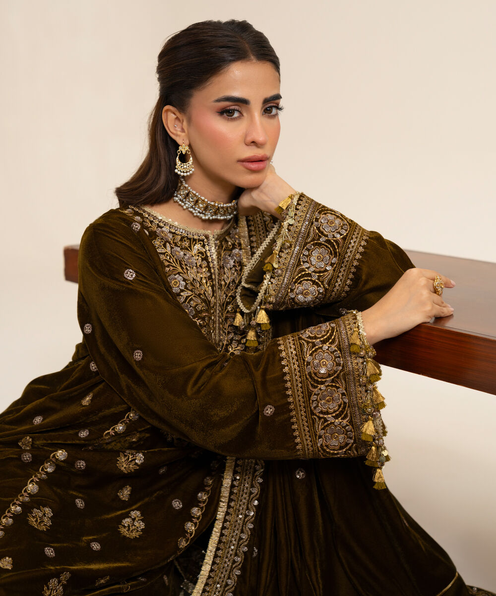 Women's Unstitched Velvet Embroidered Dark Brown 3 Piece Suit