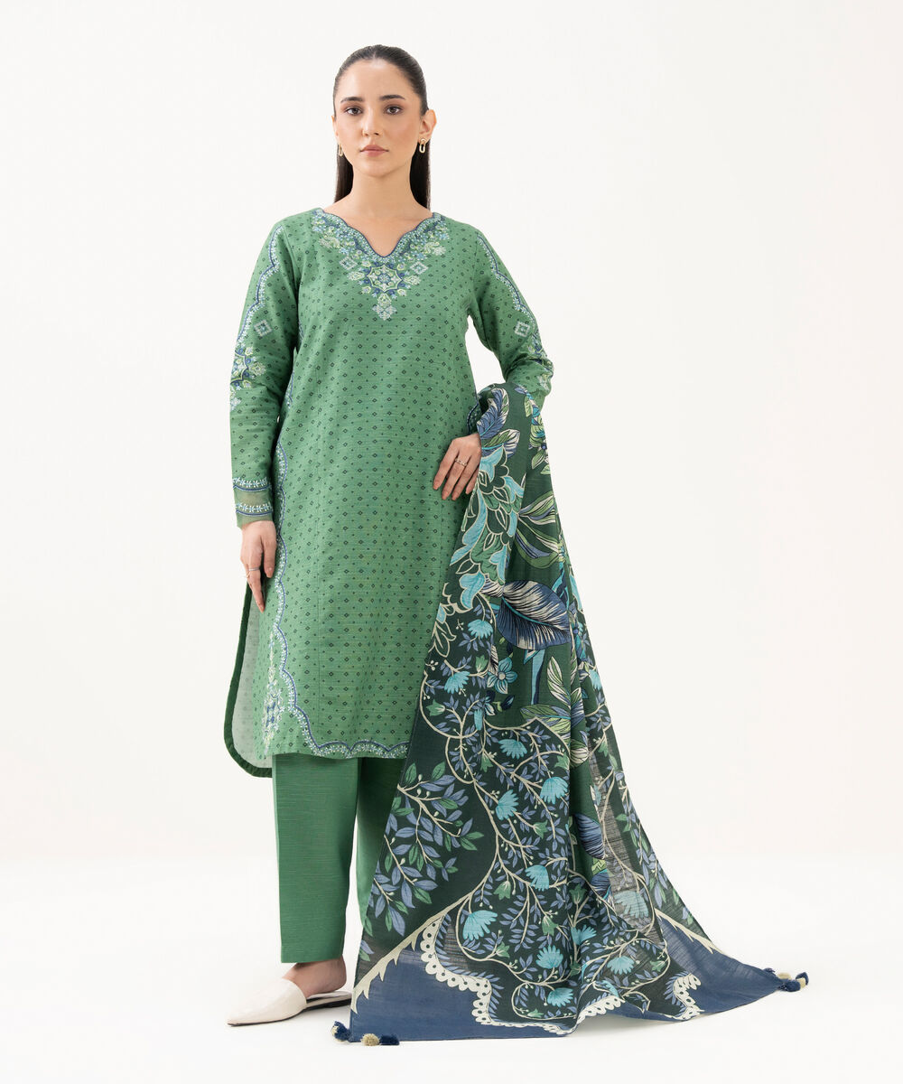 Women's Unstitched Light Khaddar Embroidered Green 3 Piece Suit