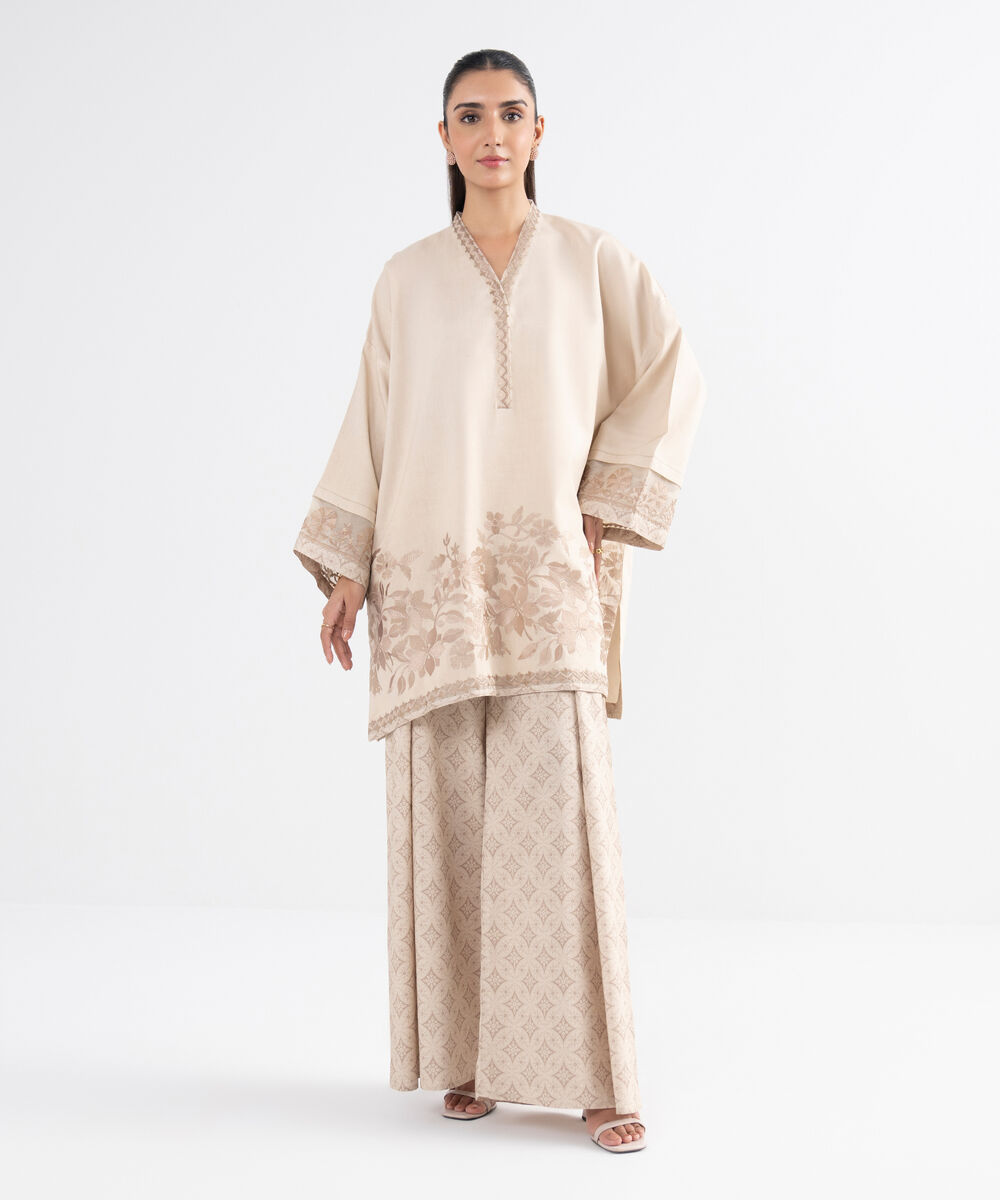 Women's Unstitched Linen Embroidered Beige  2 Piece Suit