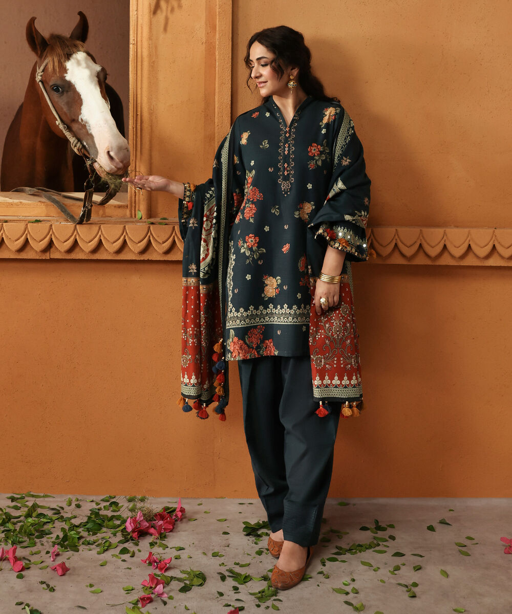 Women's Unstitched Light Khaddar Printed Blue 3 Piece Suit