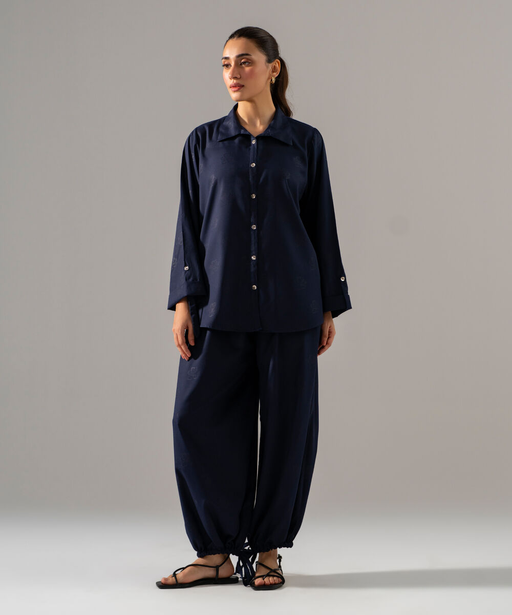 Women's RTW Poly Viscose Jacquard Solid Blue 2 Piece Suit