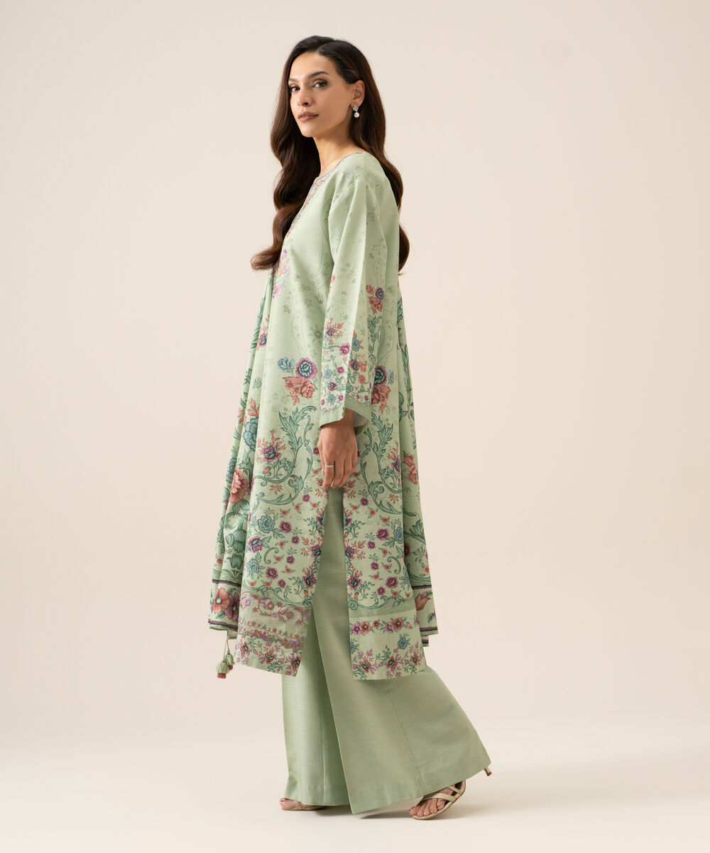 Women's Unstitched Light Khaddar Embroidered Mint Green 3 Piece Suit