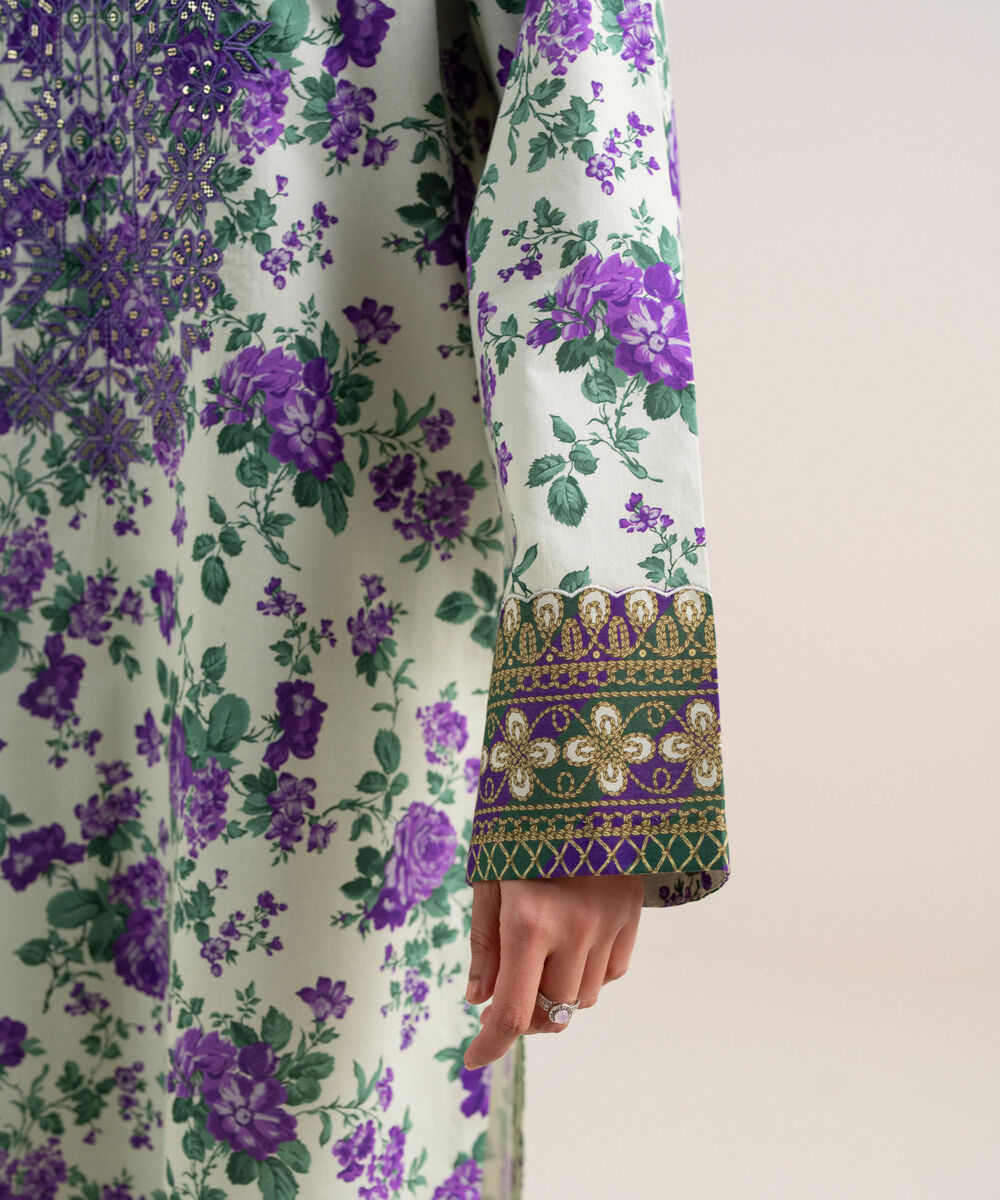 Women's Unstitched Lawn Embroidered Off White and Purple 3 Piece Suit