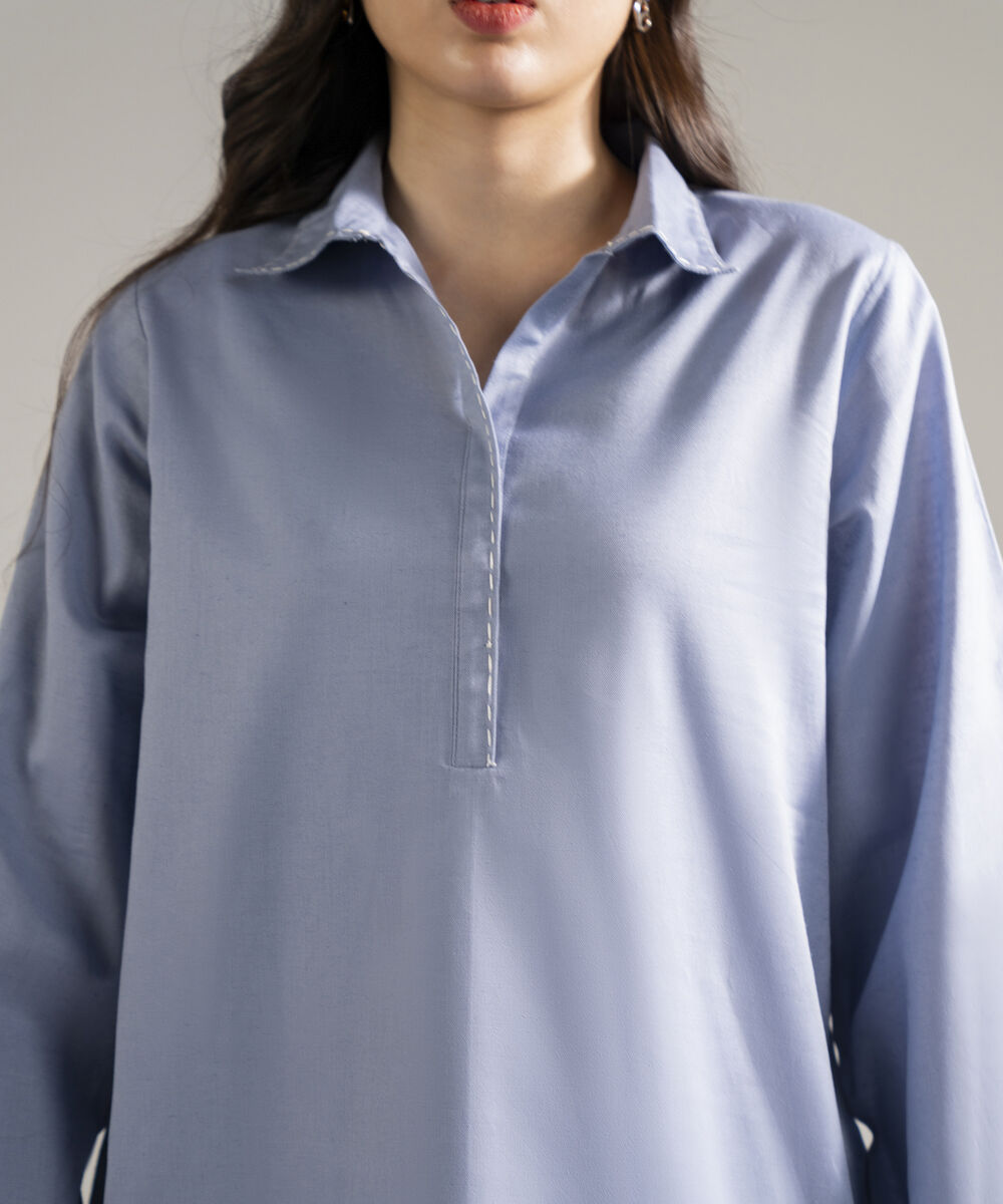 Women's RTW Cotton Linen Solid Steel Blue 2 Piece Suit