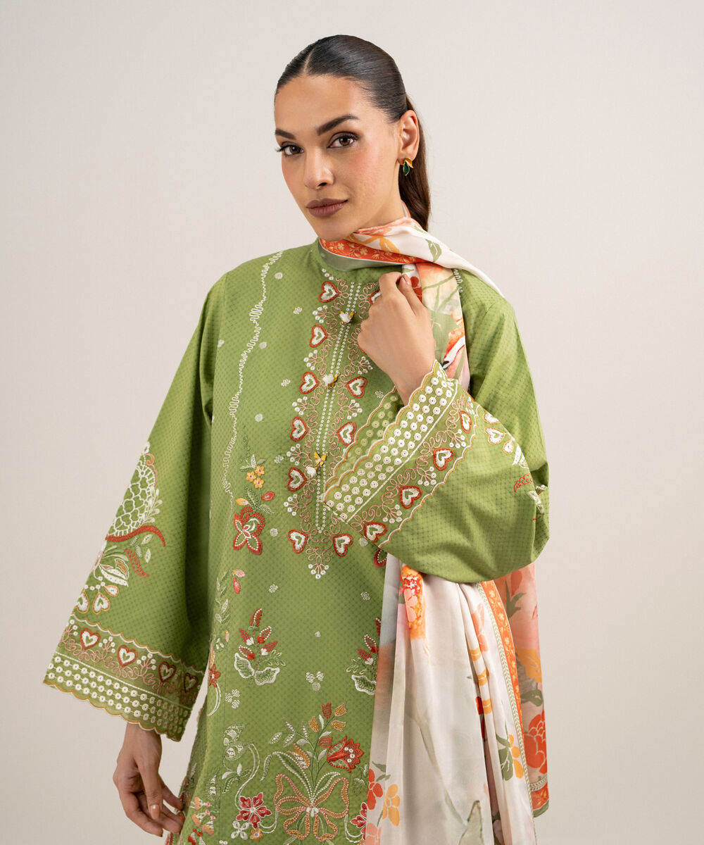 Women's Unstitched Self Jacquard Embroidered Green 3 Piece Suit