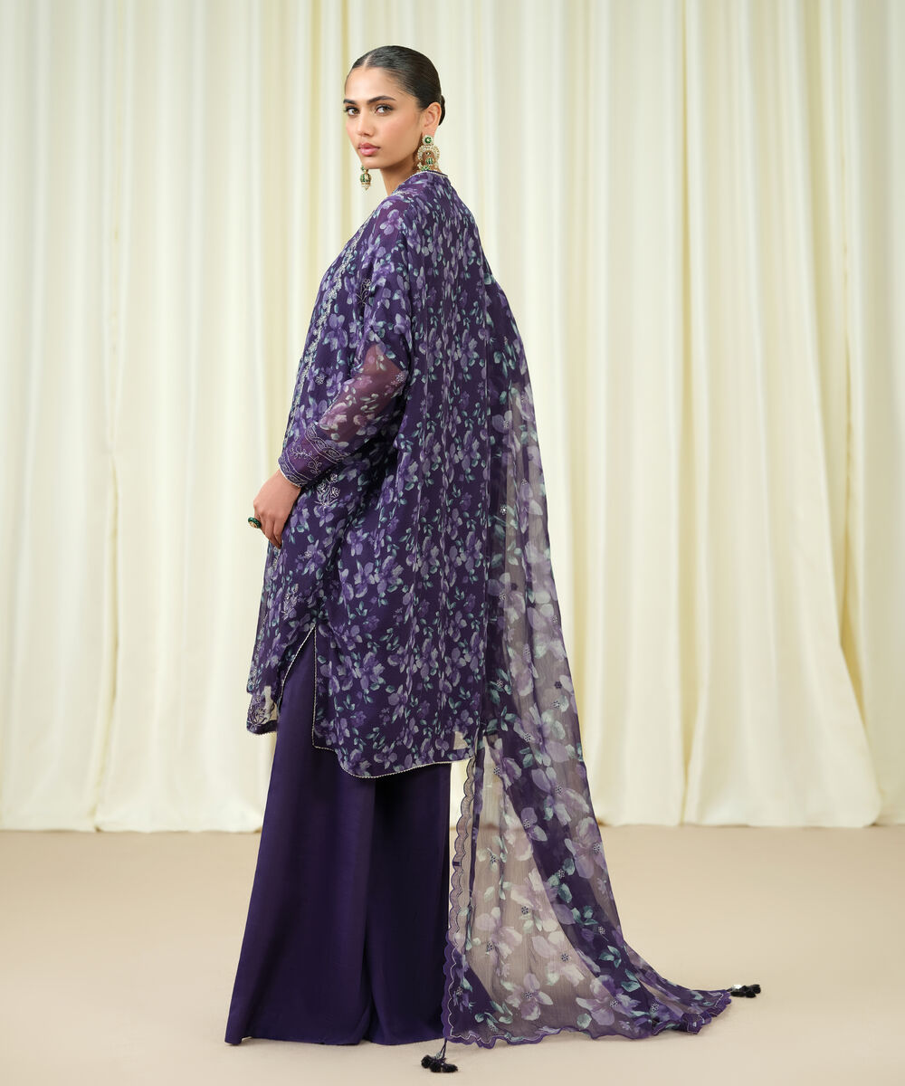 Women's Unstitched Blended Chiffon Embroidered Purple 3 Piece Suit