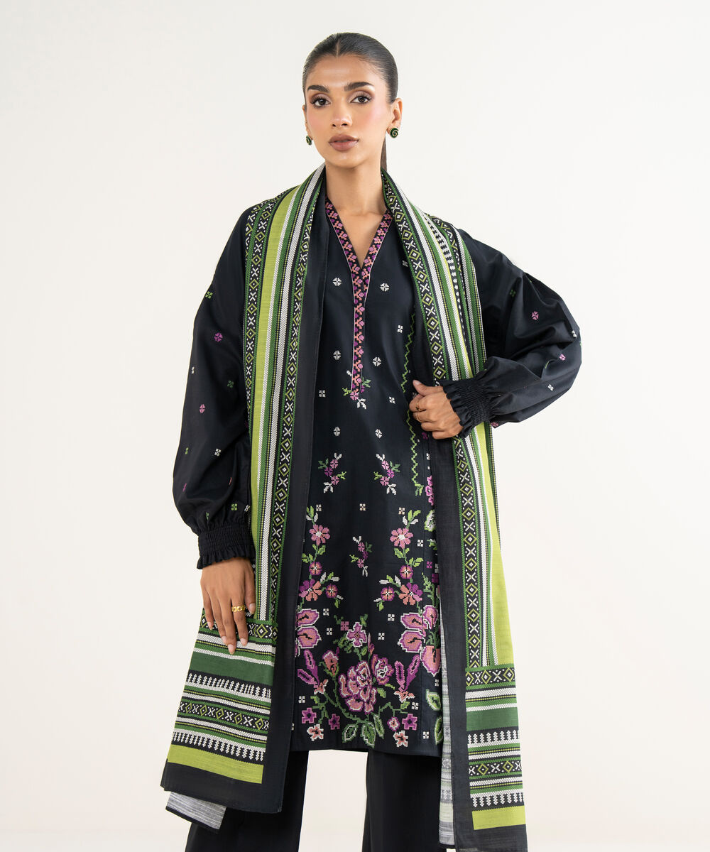 Women's Unstitched Cross Hatch Embroidered Black 3 Piece Suit