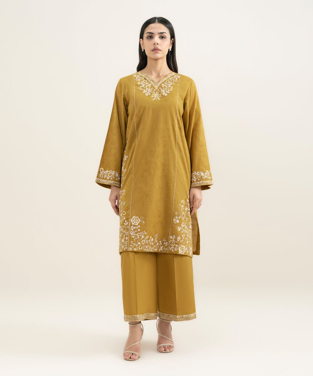 Women's RTW Self Jacquard Embroidered Mustard Yellow A-Line Shirt