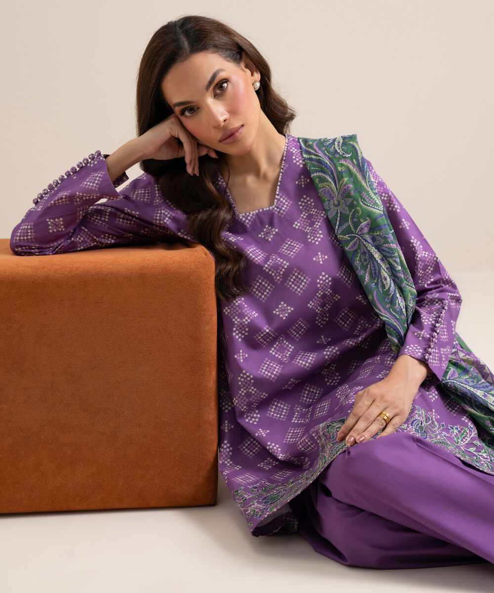 Women's Unstitched Lawn Embroidered Purple 3 Piece Suit