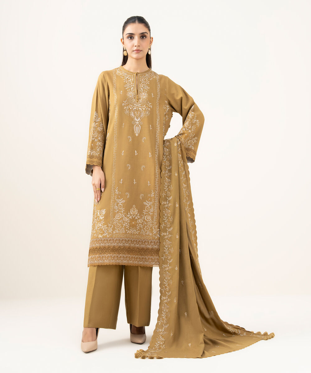 Women's Unstitched Embroidered Linen Dull Gold 3 Piece Suit