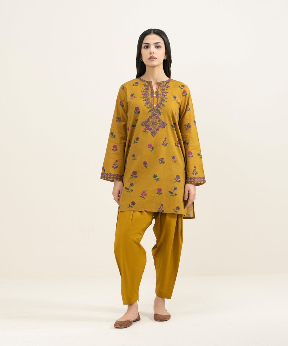 Women's RTW Slub Lawn Embroidered Yellow Straight Shirt