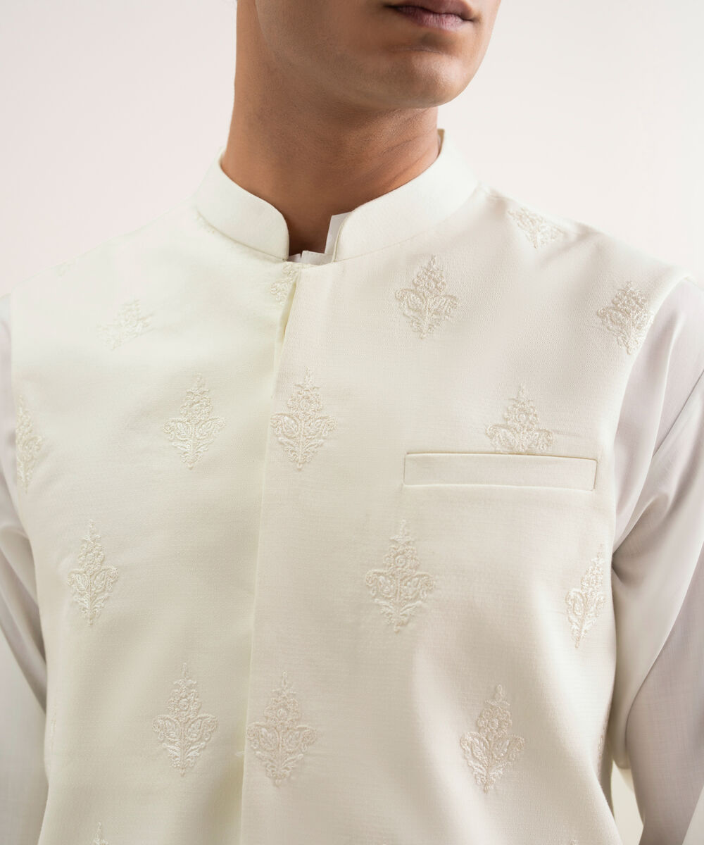 Men'S Stitched Light Cream Cotton Dobby Waistcoat