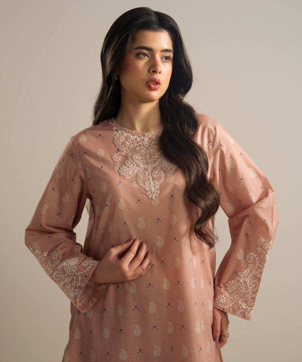Women's RTW Slub Lawn Embroidered Pink Straight Shirt