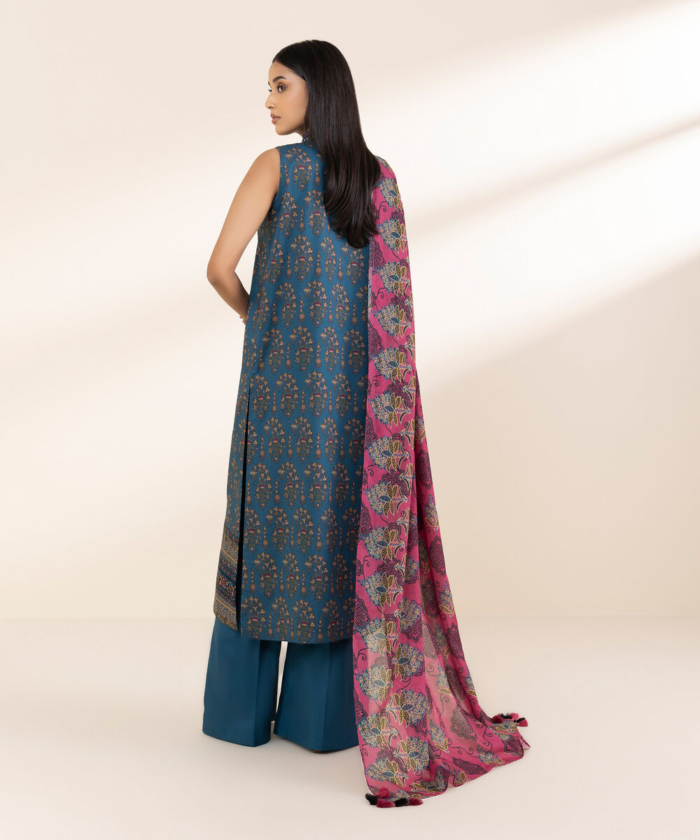 Women's Unstitched Lawn Embroidered Blue 3 Piece Suit