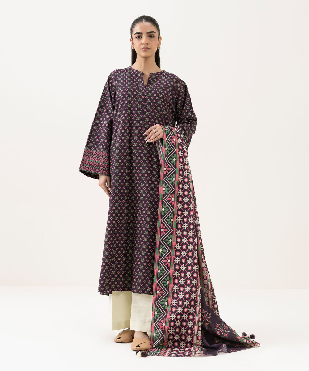 Women's Unstitched Cotton Printed Purple 2 Piece Suit