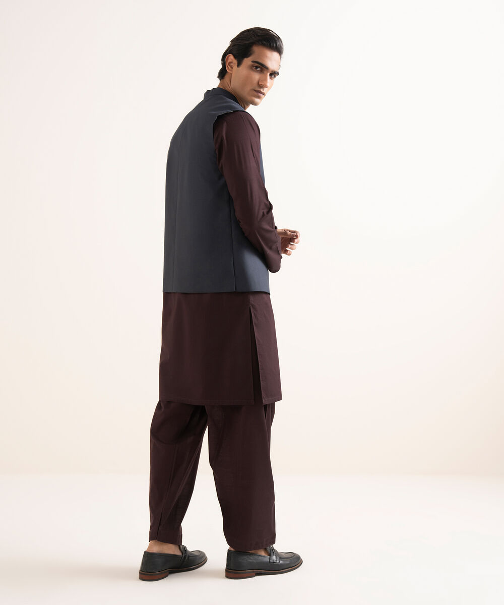 Men's Stitched Textured Wash & Wear Blue Waistcoat