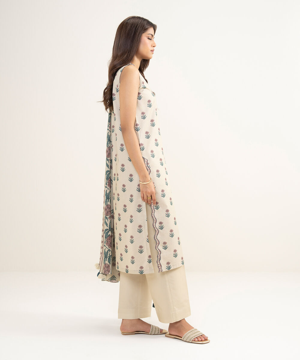 Women's Unstitched Lawn Printed Beige 3 Piece Suit