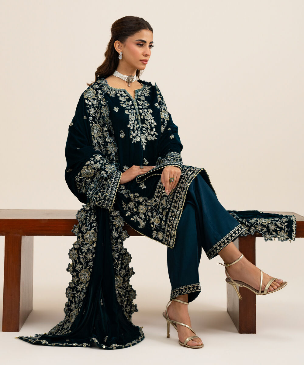 Women's Unstitched Velvet Embroidered Dark Blue 3 Piece Suit