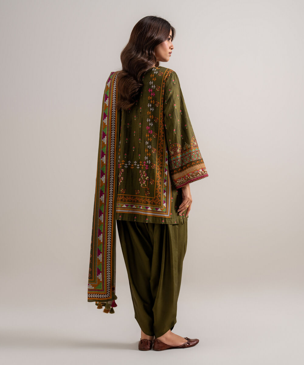 Women's Unstitched Printed Linen Brown 3 Piece Suit