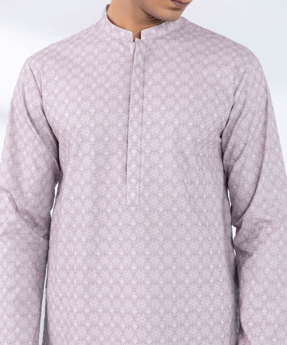 Men's Stitched Embroidered Purple Kurta