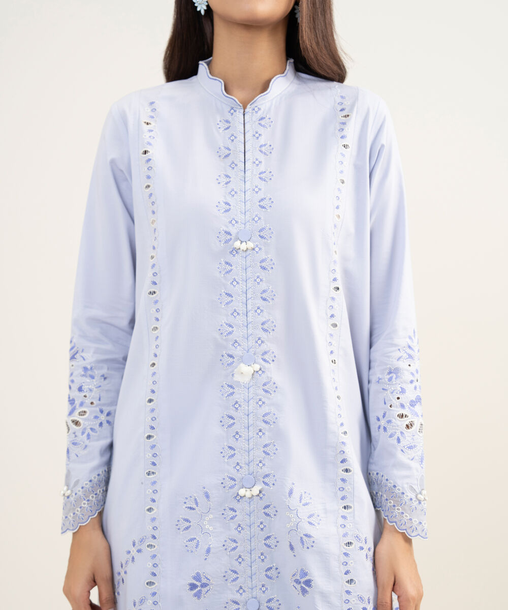 Women's Unstitched Textured Lawn Embroidered Blue 3 Piece Suit