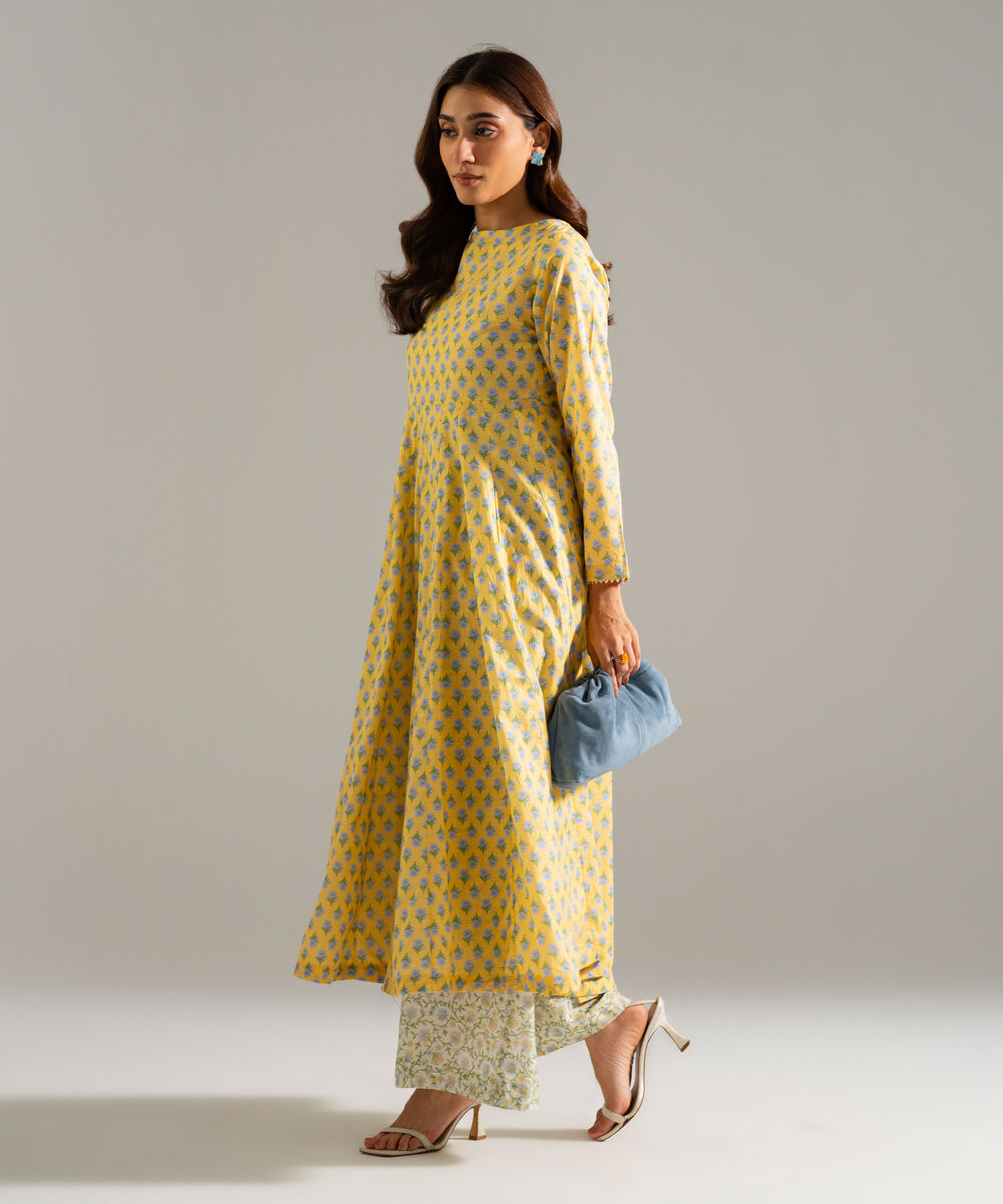 Women's RTW Slub Lawn Printed Yellow Peshwas
