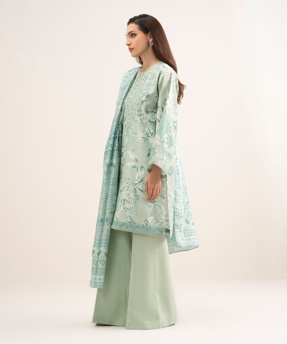 Women's Unstitched Raw Silk Embroidered Green 3 Piece Suit